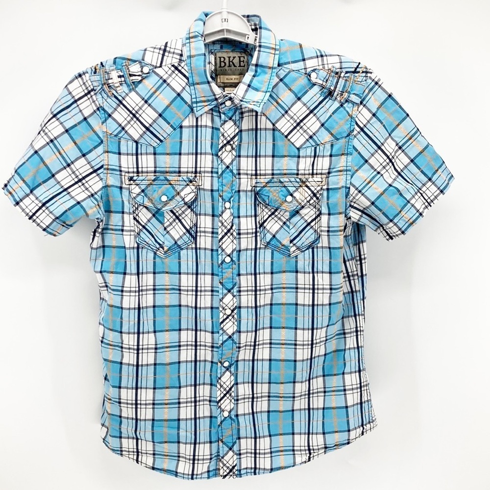 BKE Pearl Snap Slim Fit Western Rodeo Plaid Short sleeve jaripeo modern cowboy